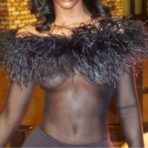 Oseree Black Sheer Feathered Bodysuit